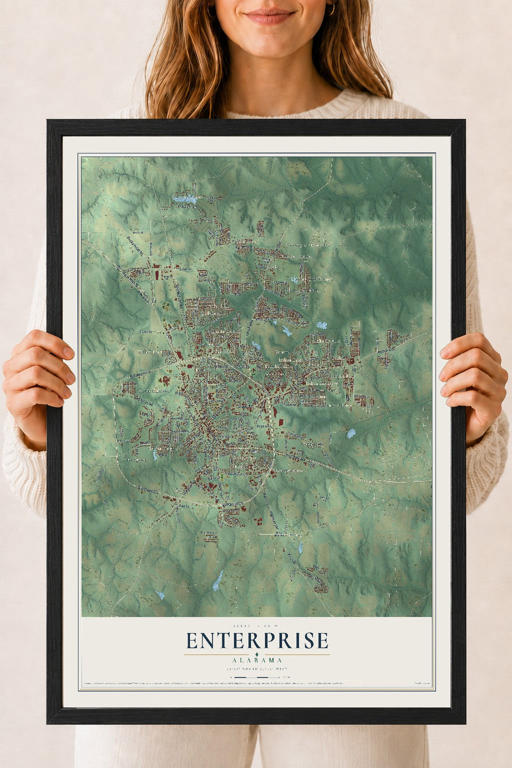 Map of Enterprise, Alabama, 18 x 24 inch print in a black wood frame