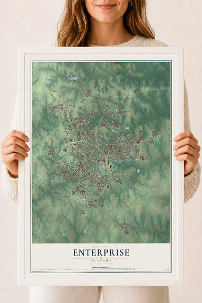 Map of Enterprise, Alabama, 18 x 24 inch print in a white wood frame