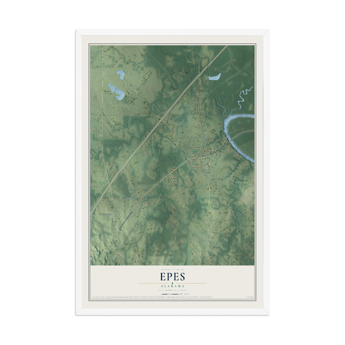 Map of Epes, Alabama, 12 x 18 inch print in a white wood frame