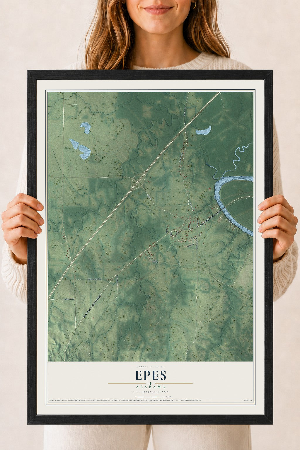 Map of Epes, Alabama, 18 x 24 inch print in a black wood frame