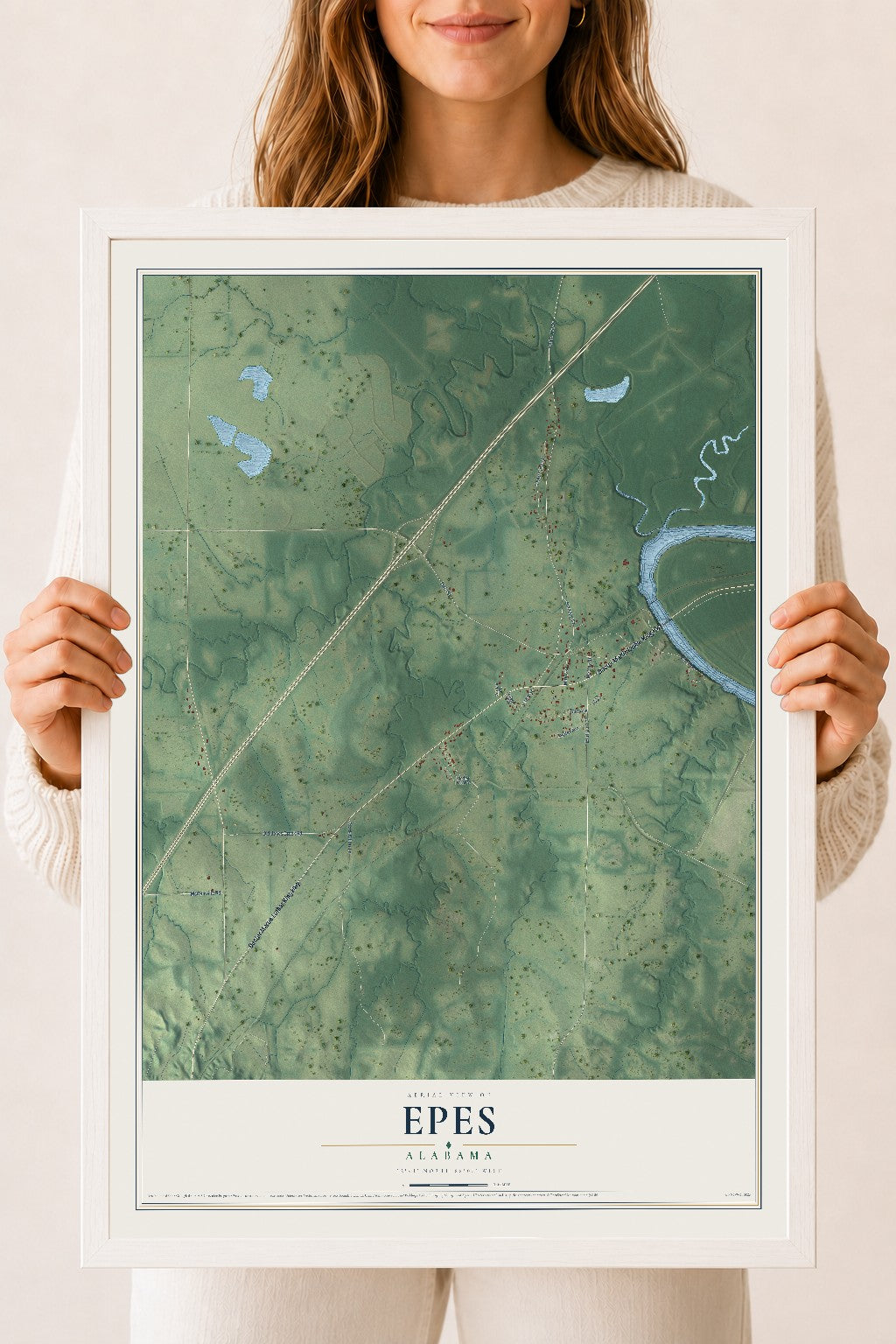 Map of Epes, Alabama, 18 x 24 inch print in a white wood frame