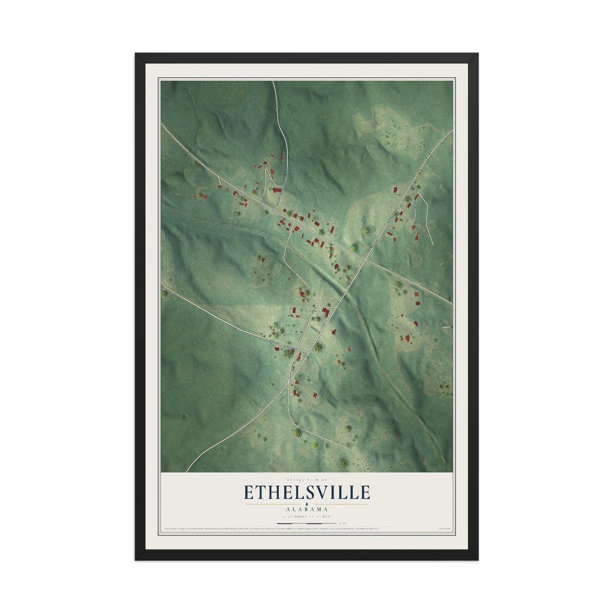 Map of Ethelsville, Alabama, 12 x 18 inch print in a black wood frame