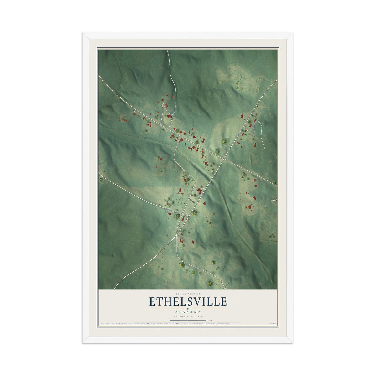 Map of Ethelsville, Alabama, 12 x 18 inch print in a white wood frame