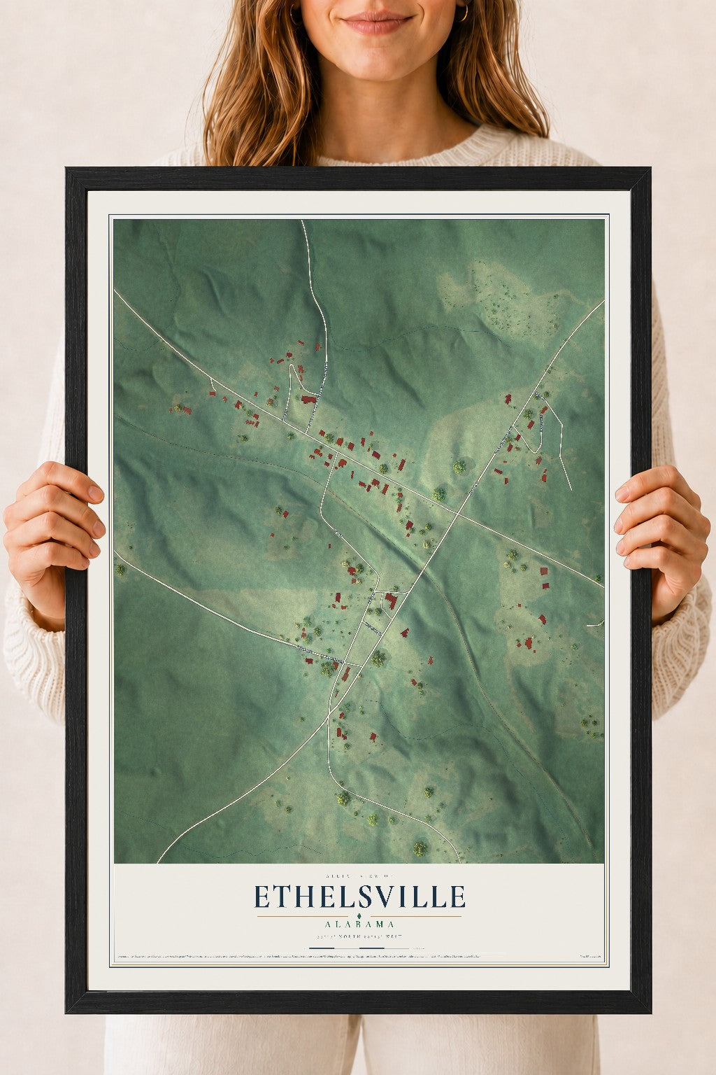 Map of Ethelsville, Alabama, 18 x 24 inch print in a black wood frame