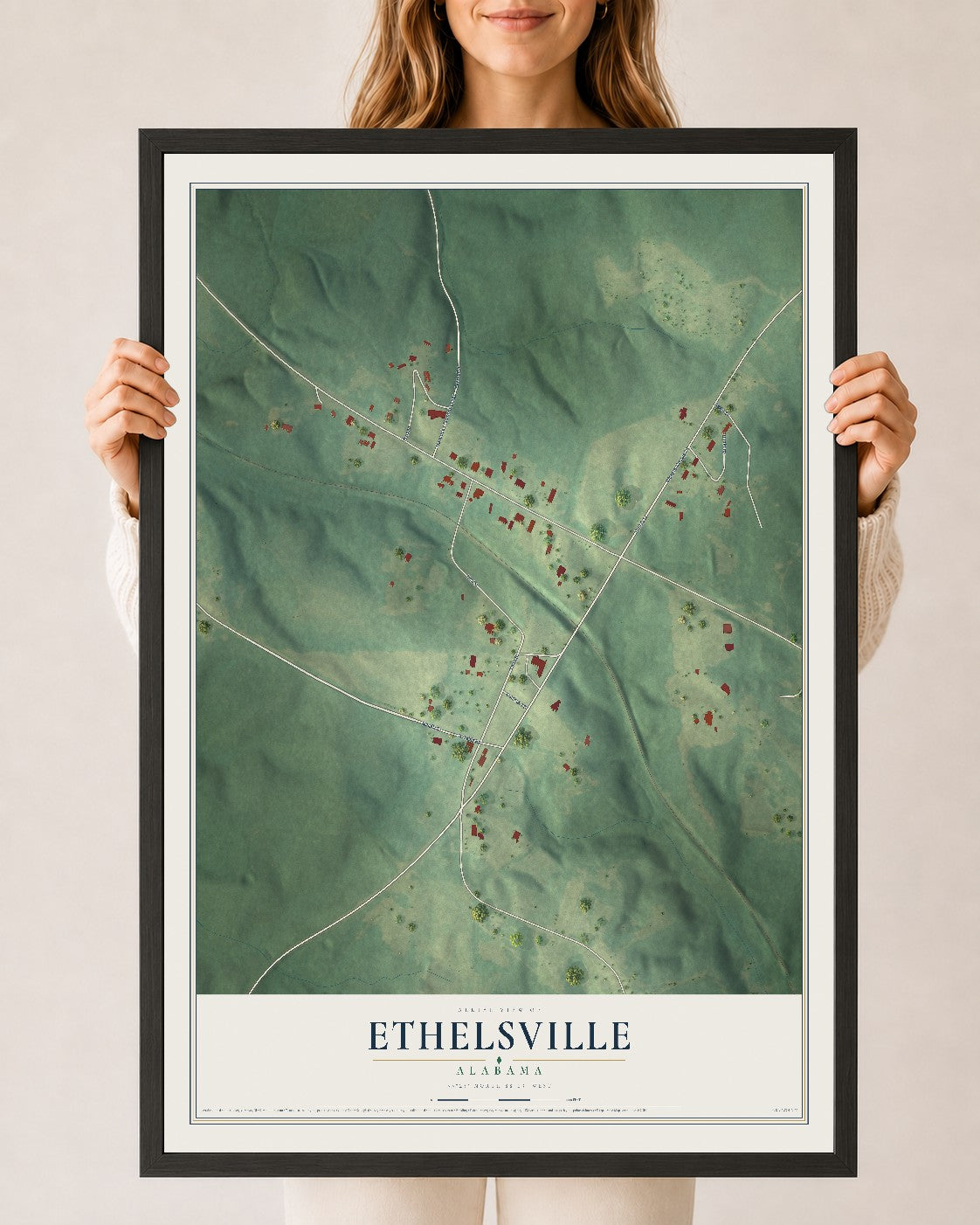Map of Ethelsville, Alabama, 24 x 36 inch print in a black wood frame
