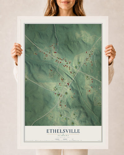 Map of Ethelsville, Alabama, 24 x 36 inch print in a white wood frame