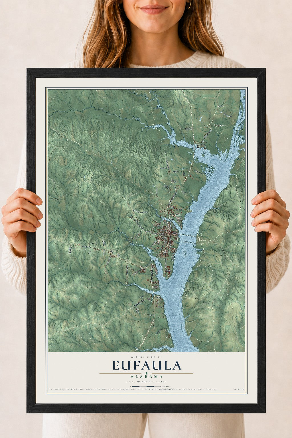 Map of Eufaula, Alabama, 18 x 24 inch print in a black wood frame