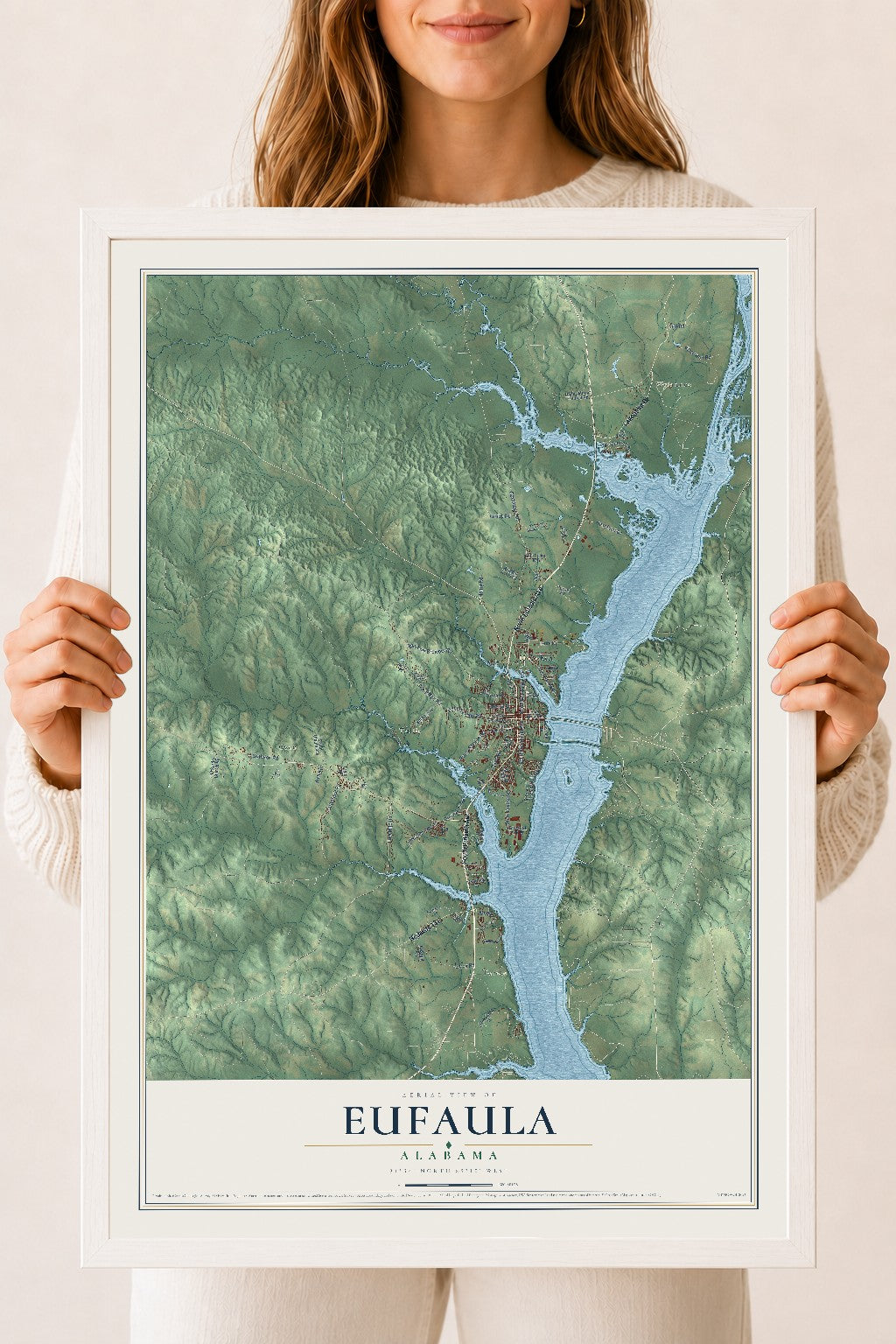 Map of Eufaula, Alabama, 18 x 24 inch print in a white wood frame