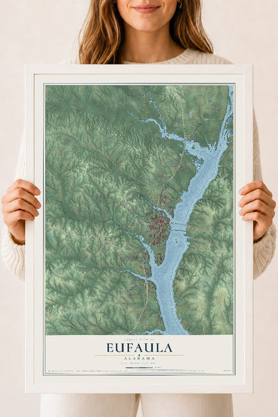 Map of Eufaula, Alabama, 18 x 24 inch print in a white wood frame