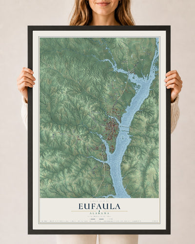 Map of Eufaula, Alabama, 24 x 36 inch print in a black wood frame