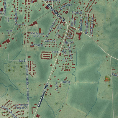 Close-up of the map of Eutaw, Alabama print showing street and building detail