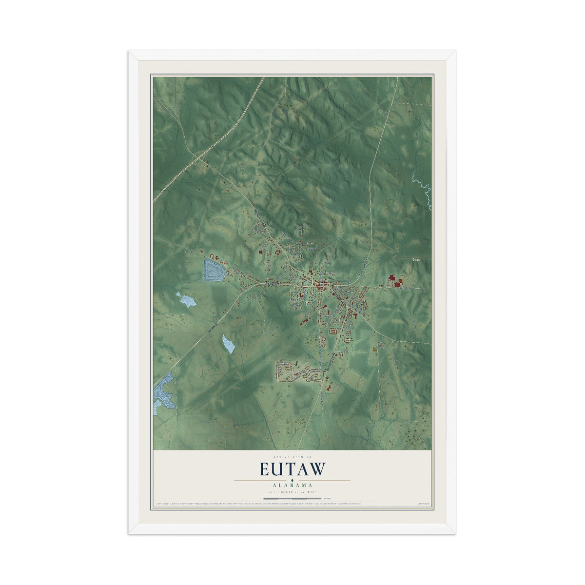 Map of Eutaw, Alabama, 12 x 18 inch print in a white wood frame