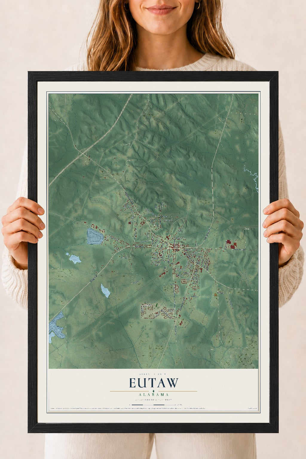 Map of Eutaw, Alabama, 18 x 24 inch print in a black wood frame