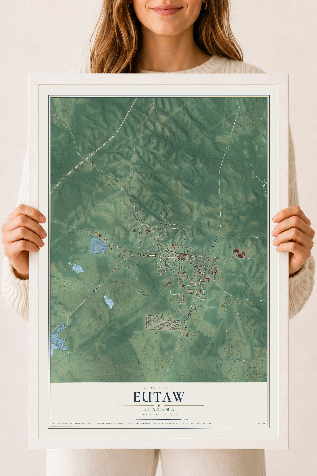 Map of Eutaw, Alabama, 18 x 24 inch print in a white wood frame