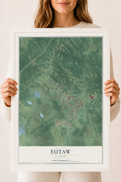 Map of Eutaw, Alabama, 18 x 24 inch print in a white wood frame