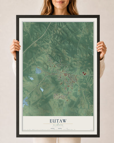 Map of Eutaw, Alabama, 24 x 36 inch print in a black wood frame