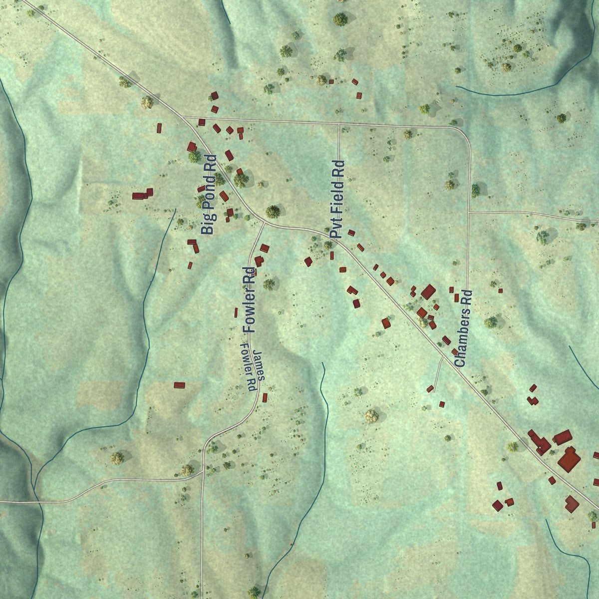 Second close-up of the map of Eva, Alabama print showing more streets and buildings
