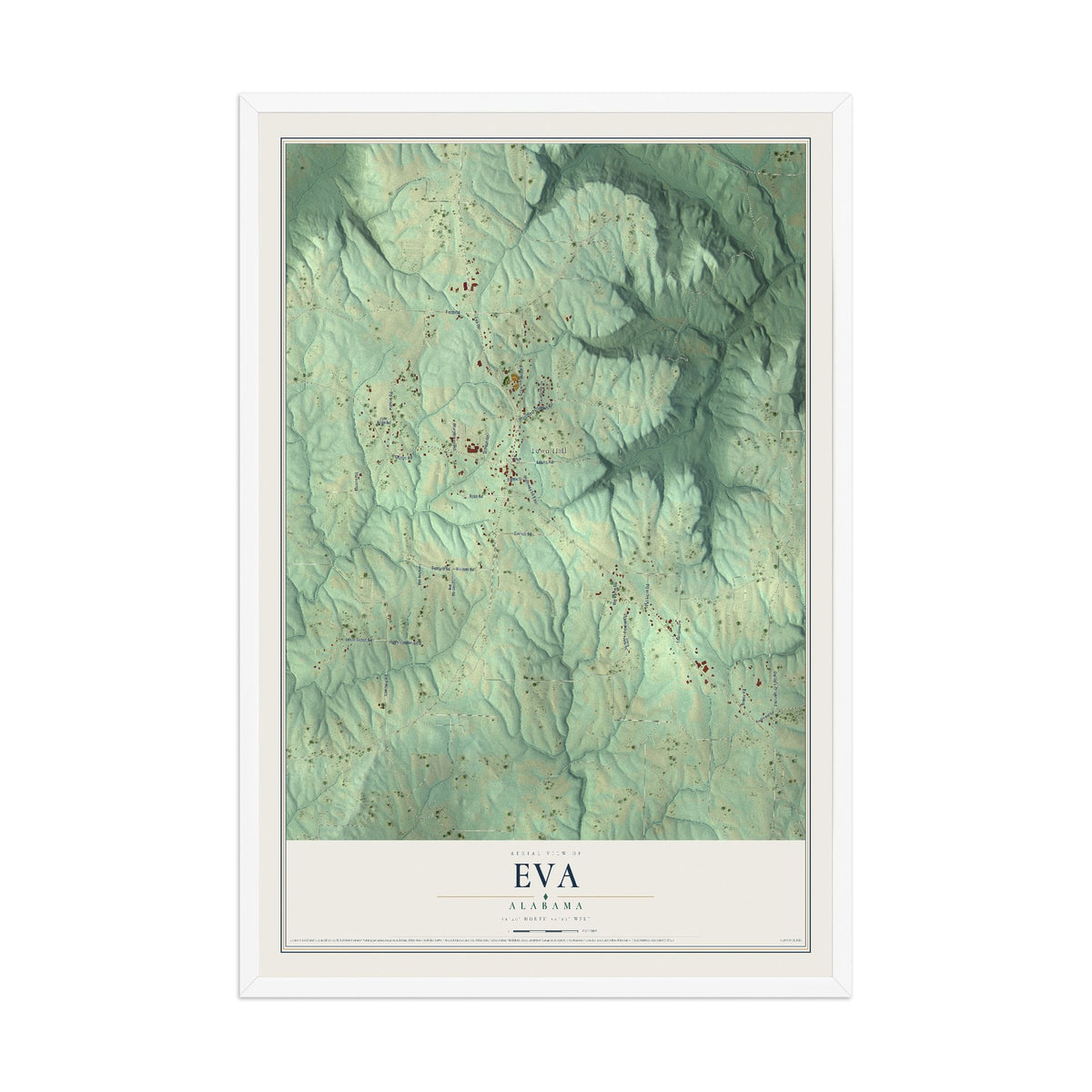 Map of Eva, Alabama, 12 x 18 inch print in a white wood frame