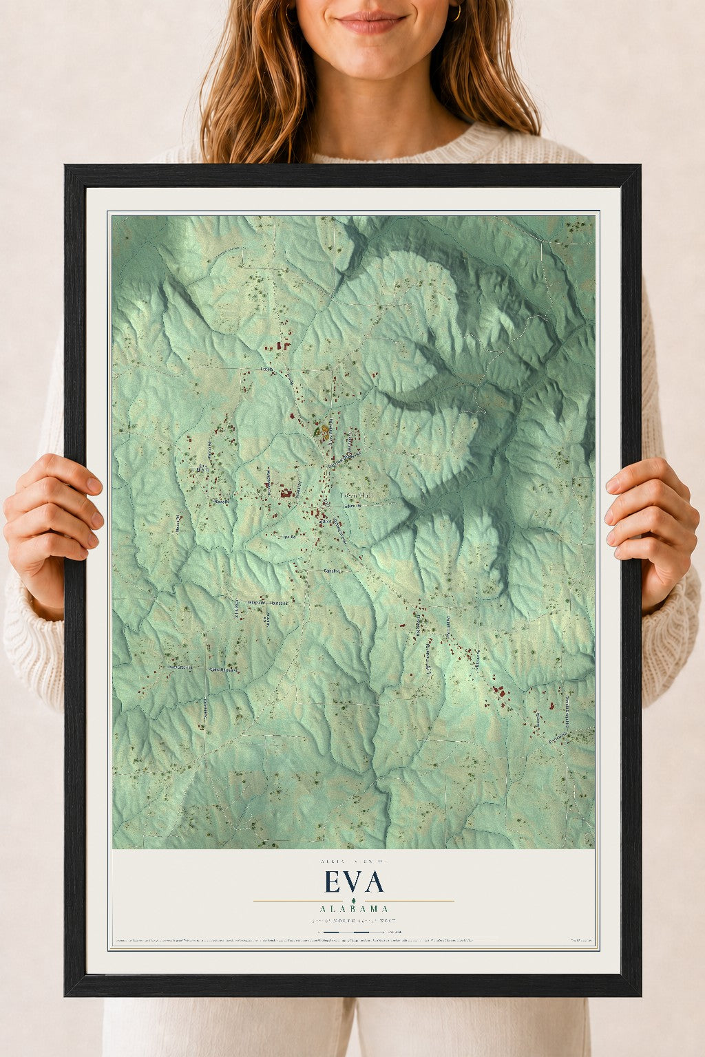 Map of Eva, Alabama, 18 x 24 inch print in a black wood frame