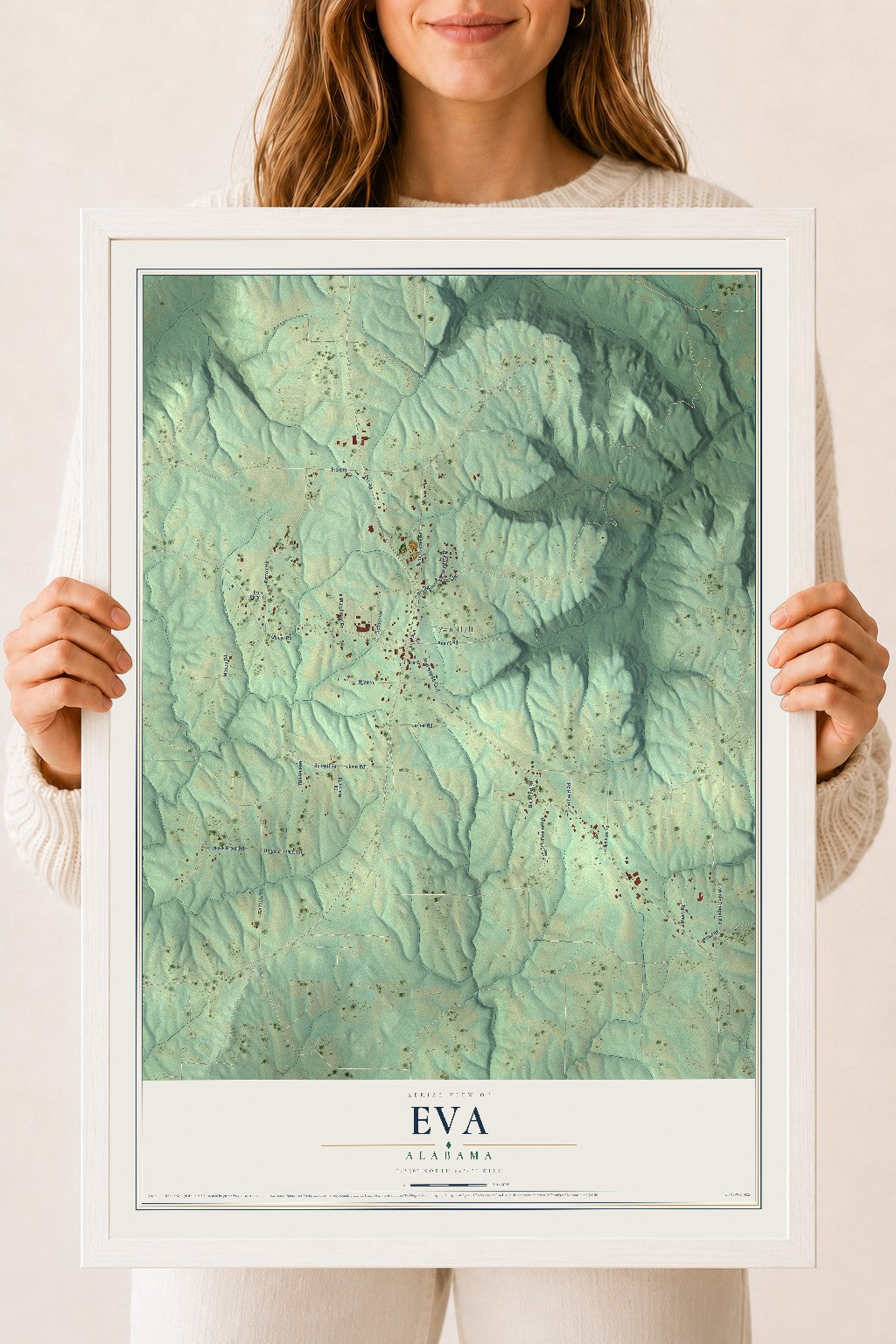 Map of Eva, Alabama, 18 x 24 inch print in a white wood frame
