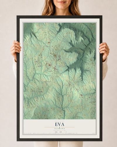 Map of Eva, Alabama, 24 x 36 inch print in a black wood frame