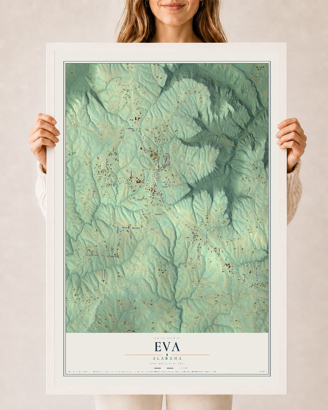 Map of Eva, Alabama, 24 x 36 inch print in a white wood frame