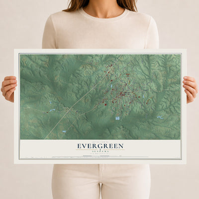 Map of Evergreen, Alabama, 12 x 18 inch unframed archival matte print