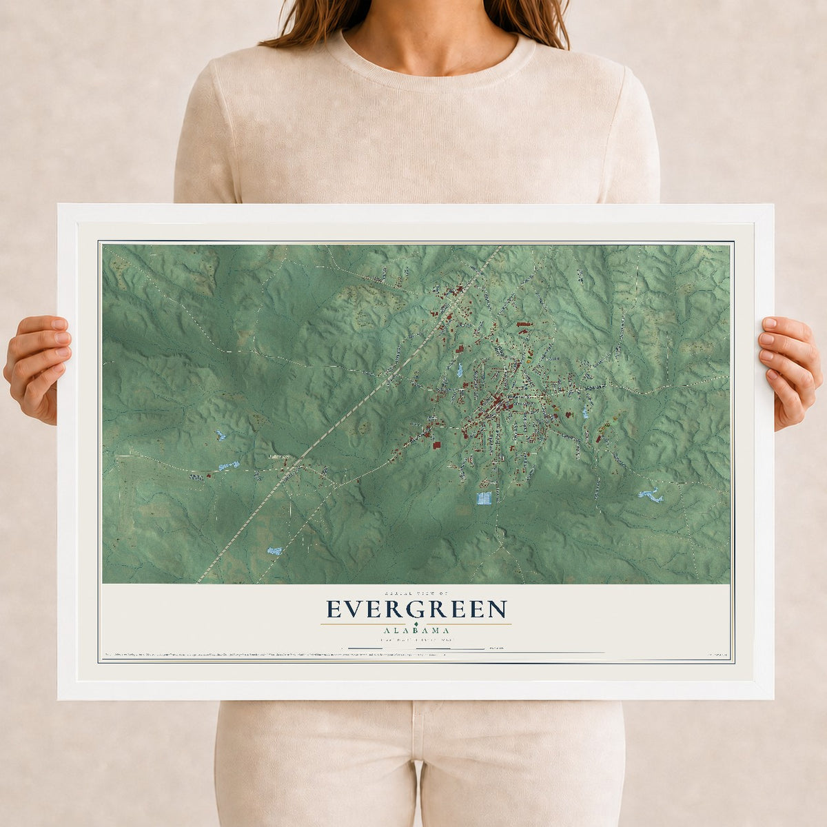 Map of Evergreen, Alabama, 12 x 18 inch print in a white wood frame