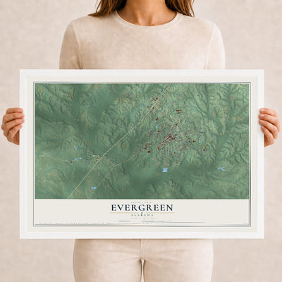 Map of Evergreen, Alabama, 12 x 18 inch print in a white wood frame
