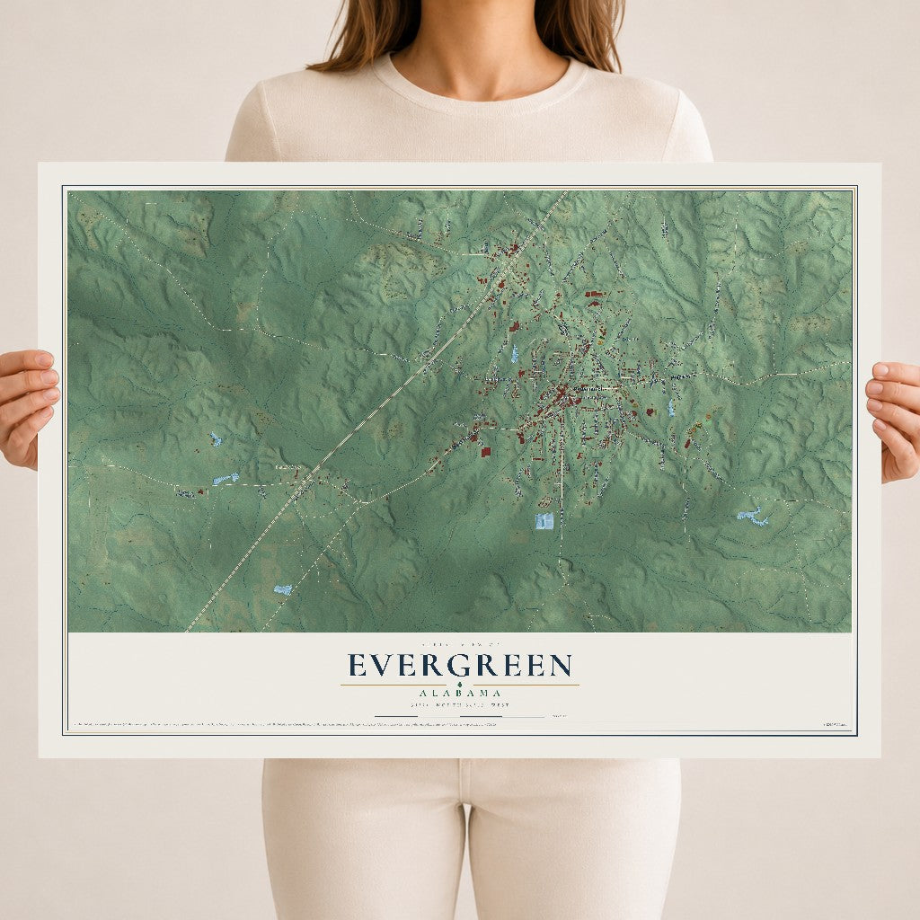 Map of Evergreen, Alabama, 18 x 24 inch unframed archival matte print