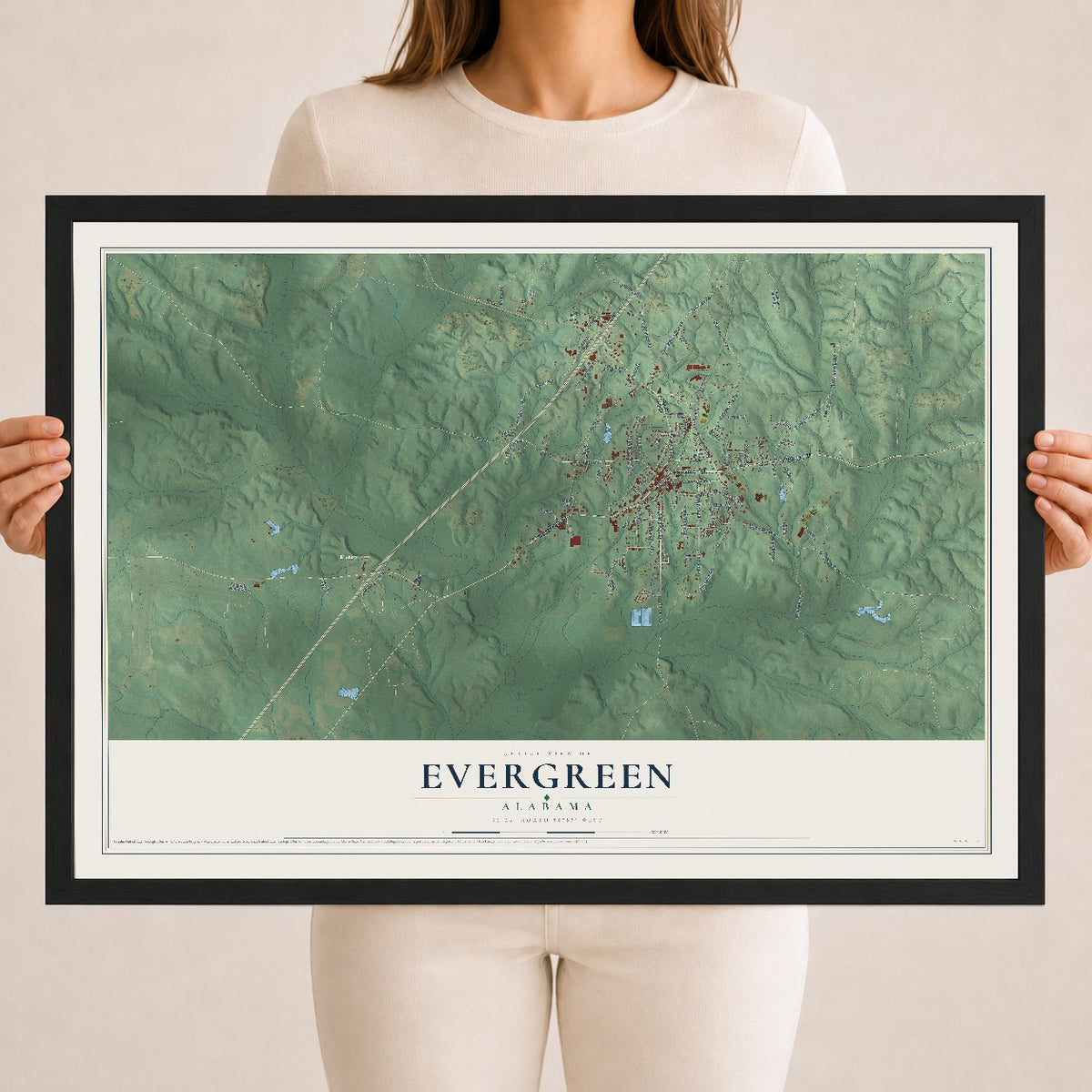 Map of Evergreen, Alabama, 18 x 24 inch print in a black wood frame