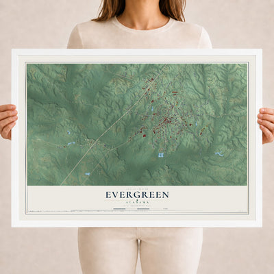 Map of Evergreen, Alabama, 18 x 24 inch print in a white wood frame