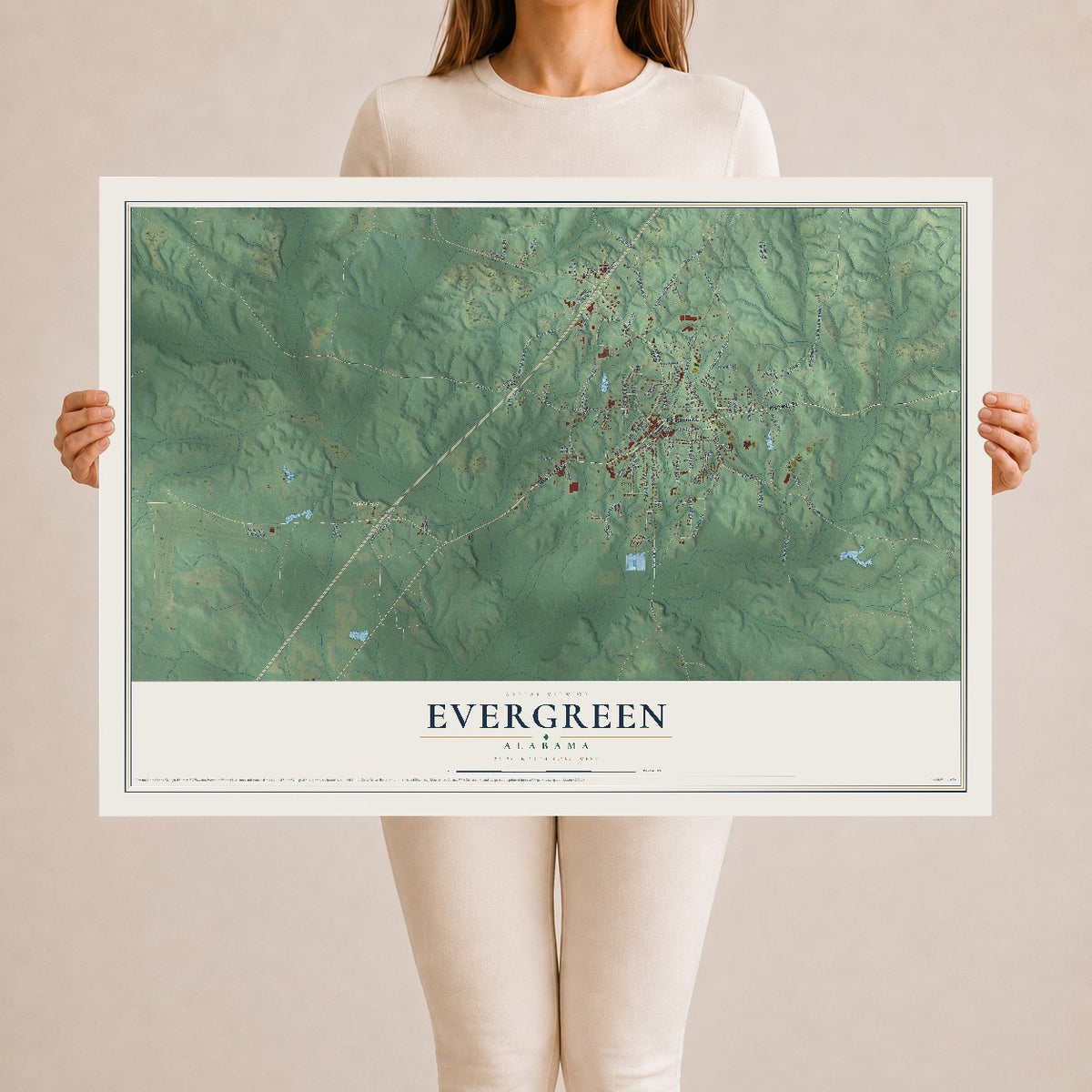 Map of Evergreen, Alabama, 24 x 36 inch unframed archival matte print