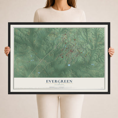 Map of Evergreen, Alabama, 24 x 36 inch print in a black wood frame