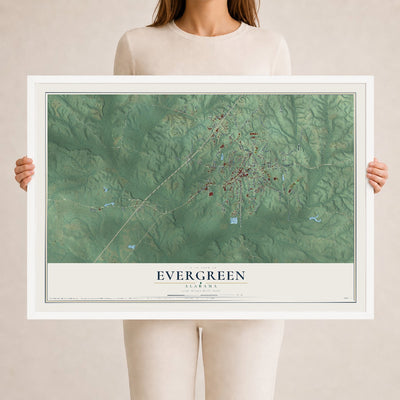 Map of Evergreen, Alabama, 24 x 36 inch print in a white wood frame