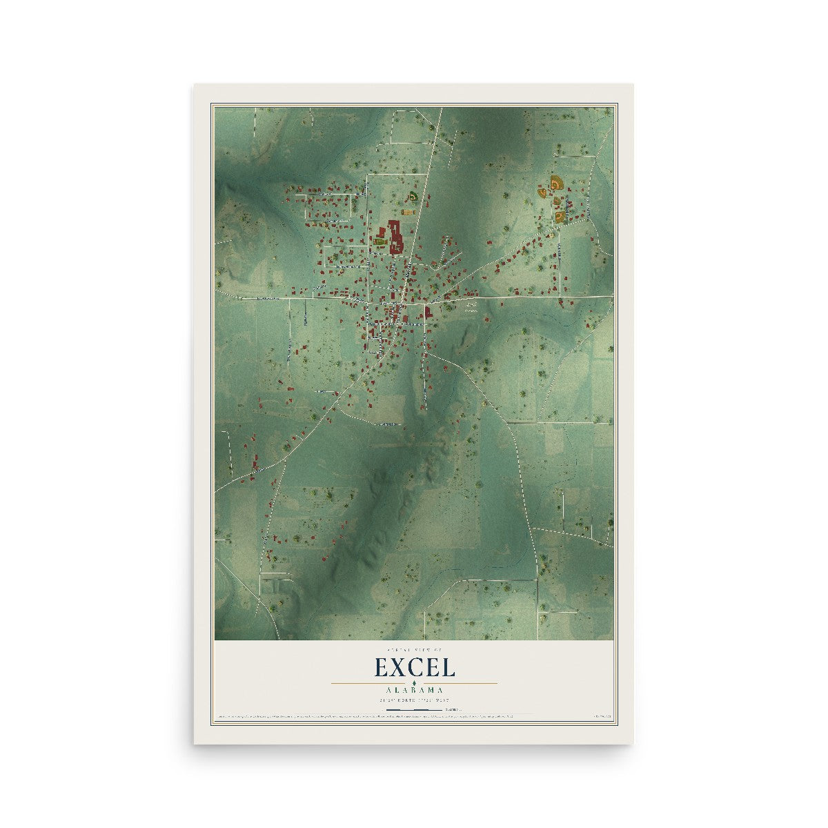 Map of Excel, Alabama, 12 x 18 inch unframed archival matte print