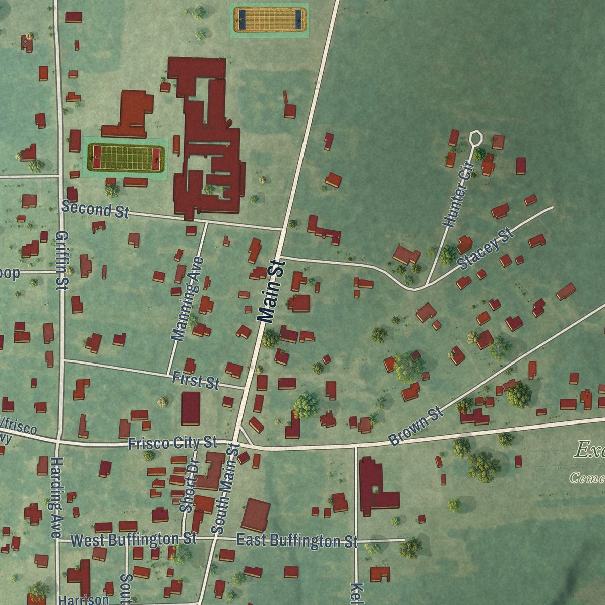 Close-up of the map of Excel, Alabama print showing street and building detail