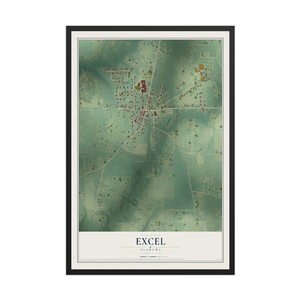 Map of Excel, Alabama, 12 x 18 inch print in a black wood frame