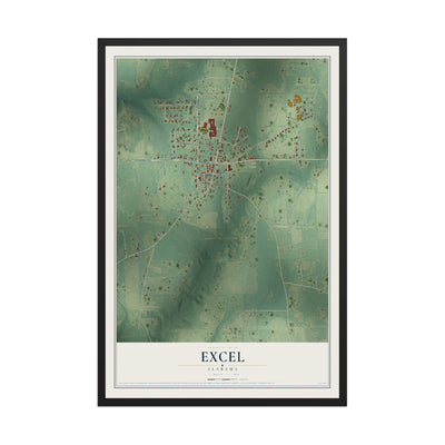 Map of Excel, Alabama, 12 x 18 inch print in a black wood frame