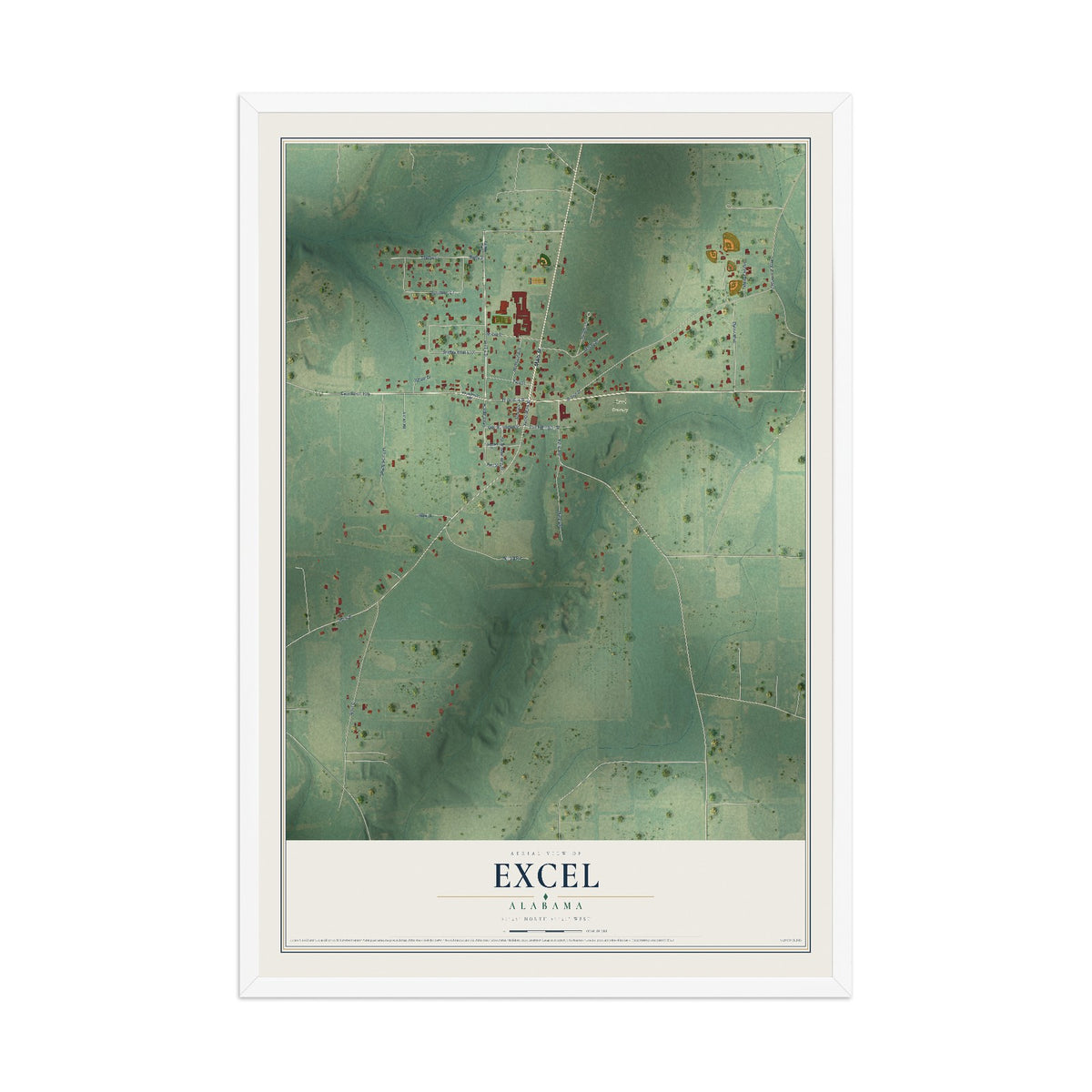 Map of Excel, Alabama, 12 x 18 inch print in a white wood frame