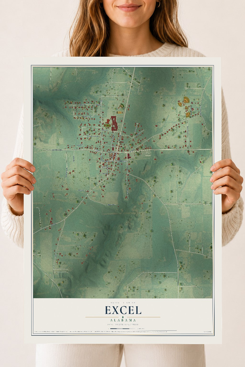 Map of Excel, Alabama, 18 x 24 inch unframed archival matte print