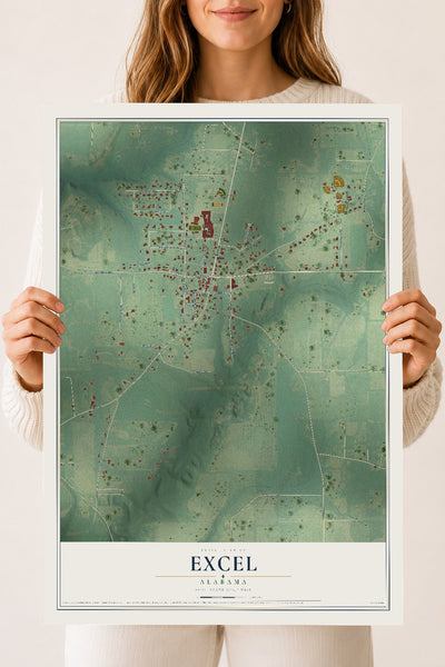Map of Excel, Alabama, 18 x 24 inch unframed archival matte print