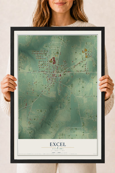 Map of Excel, Alabama, 18 x 24 inch print in a black wood frame