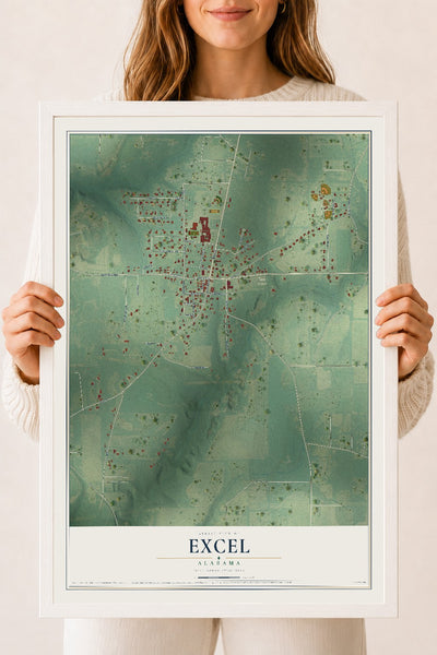 Map of Excel, Alabama, 18 x 24 inch print in a white wood frame