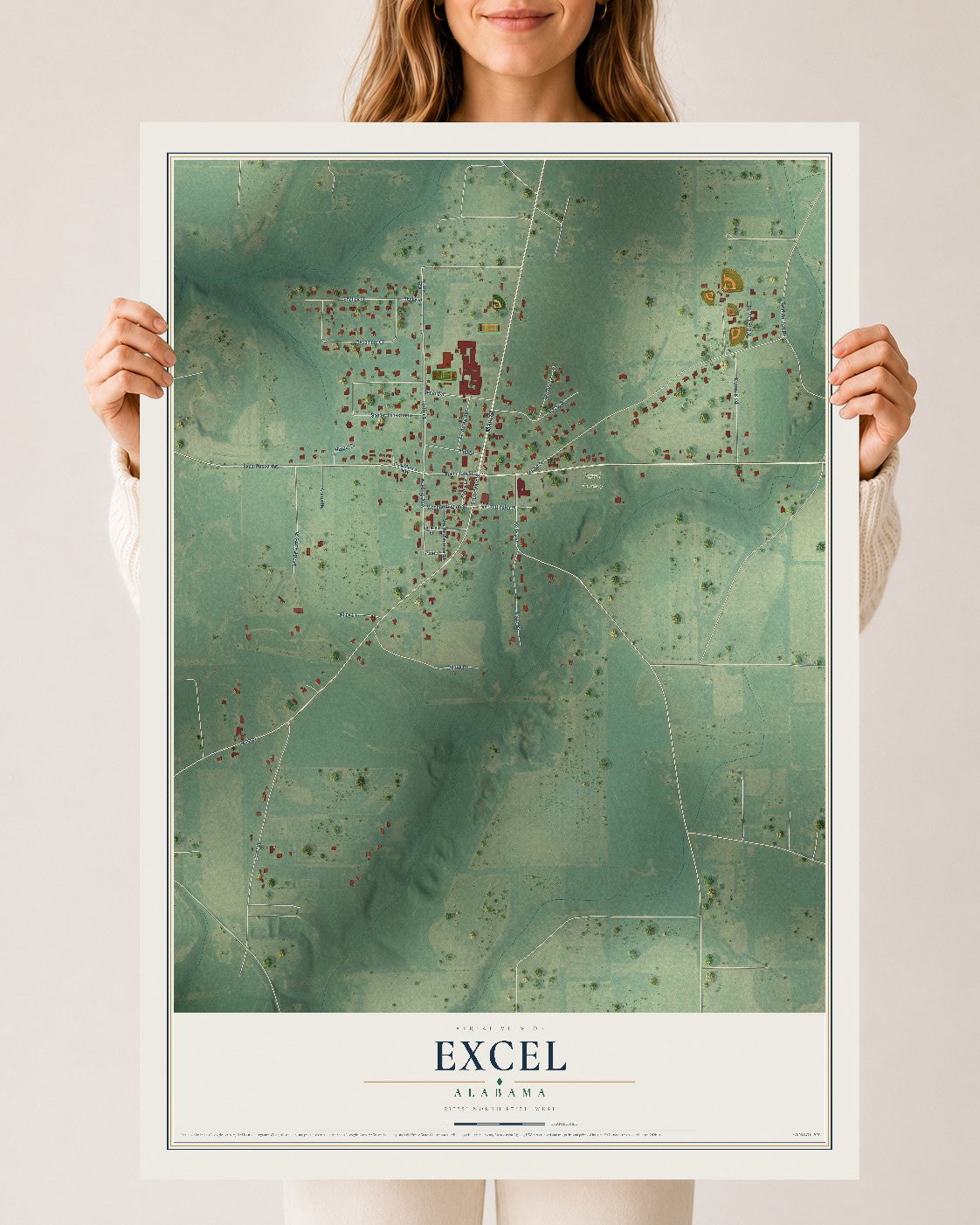 Map of Excel, Alabama, 24 x 36 inch unframed archival matte print