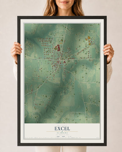 Map of Excel, Alabama, 24 x 36 inch print in a black wood frame