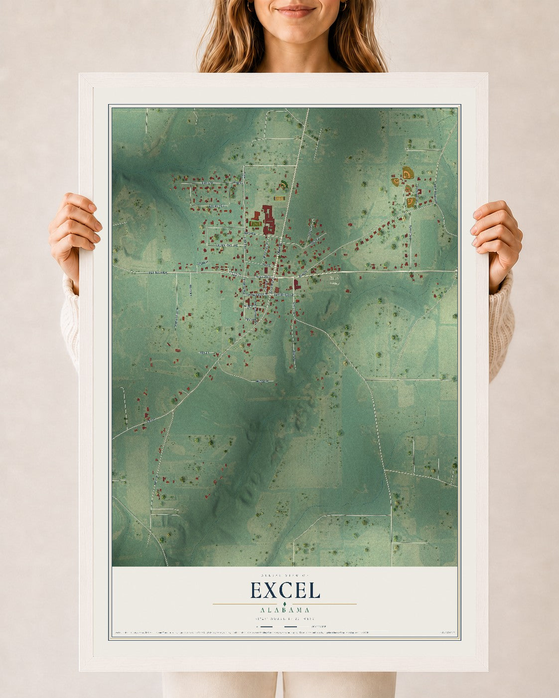 Map of Excel, Alabama, 24 x 36 inch print in a white wood frame