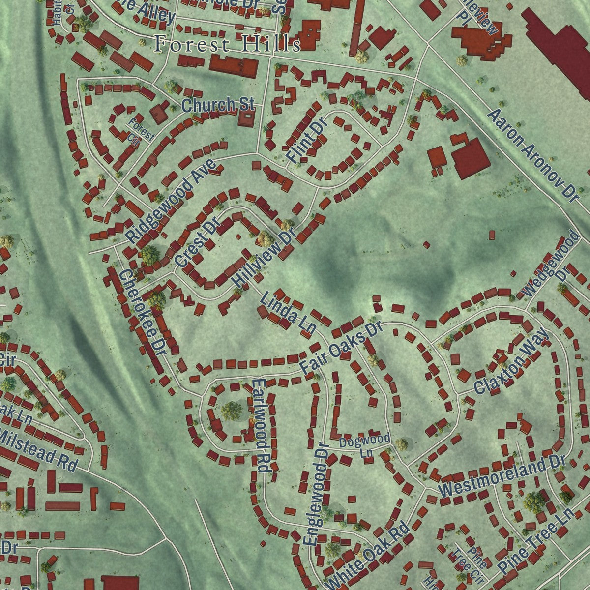 Second close-up of the map of Fairfield, Alabama print showing more streets and buildings
