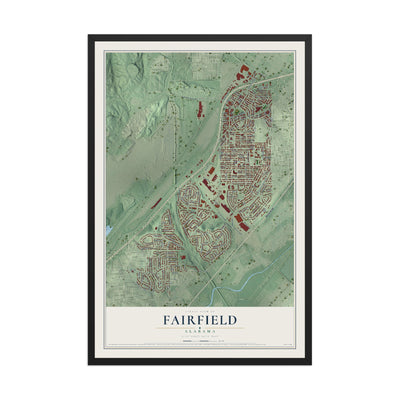 Map of Fairfield, Alabama, 12 x 18 inch print in a black wood frame