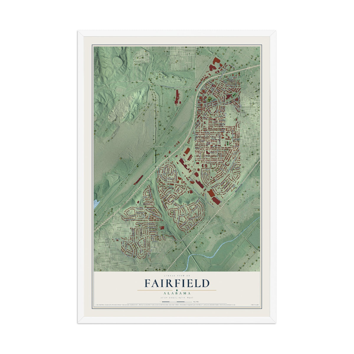 Map of Fairfield, Alabama, 12 x 18 inch print in a white wood frame